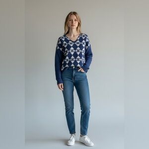 Blue and white diamond checkerboard fuzzy pullover small